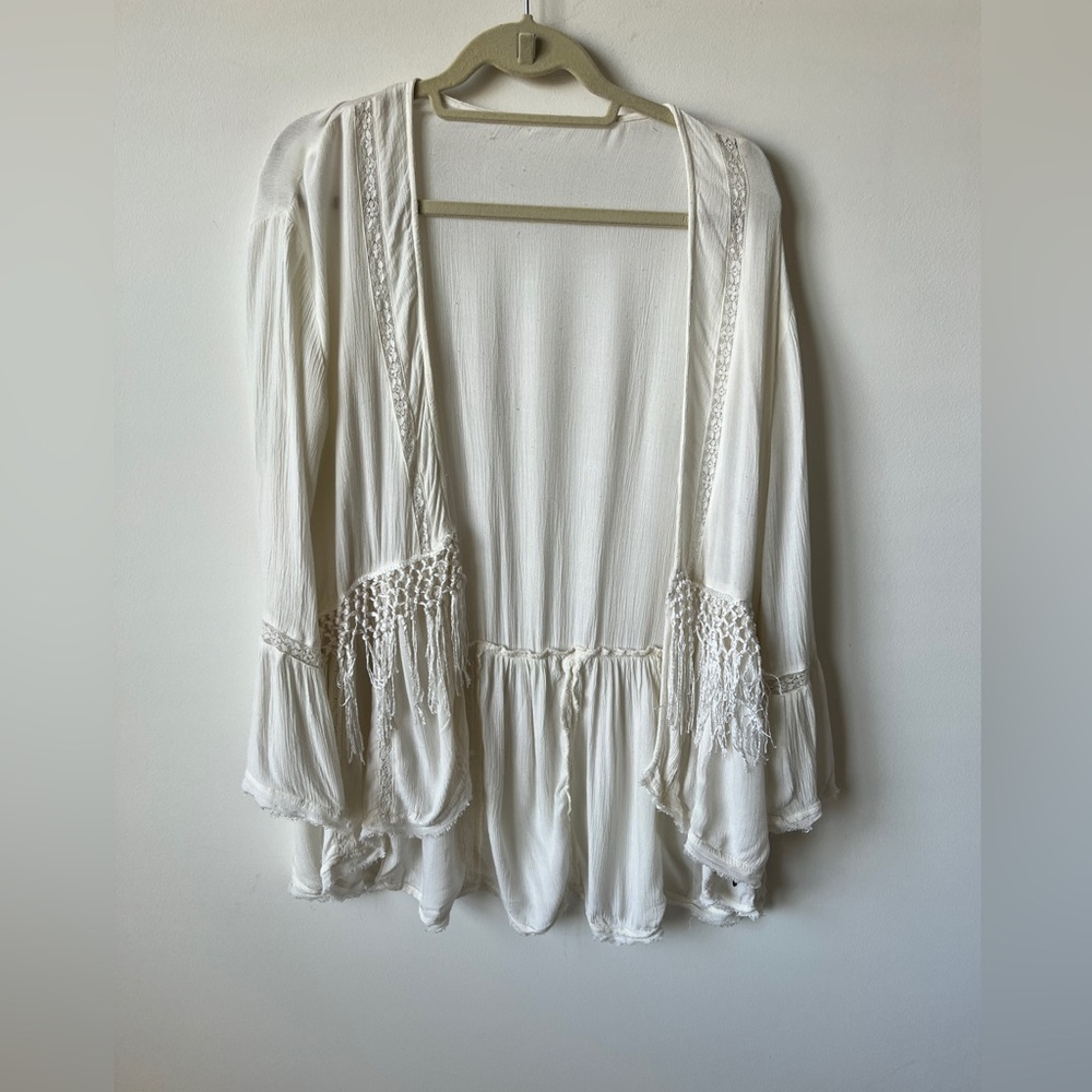 American Eagle Fringe Cardigan Kimono Cream Lace Boho L/XL